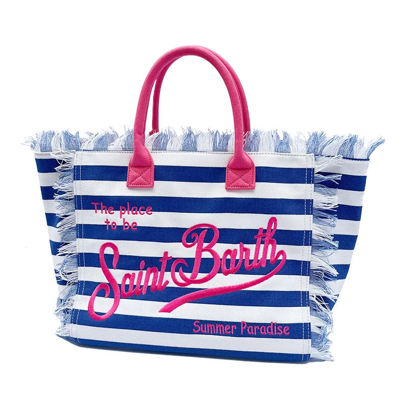 Saint Barth European and American New Women's Large Capacity Fashion Horizontal Striped Deep Blue Tassel Beach Handbag
