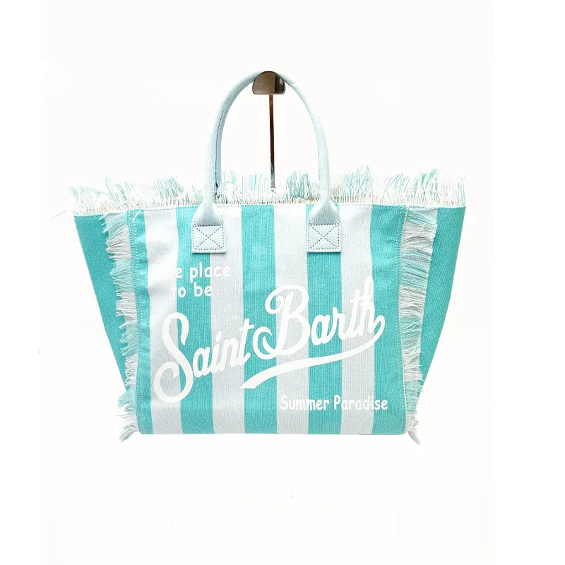 Saint Barth European and American New Women's Large Capacity Fashion Horizontal Striped Deep Blue Tassel Beach Handbag