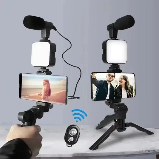 New Tripod Phone Holder Smartphone Vlogging Kit With Mini Microphone LED Fill Light Starter For TikTok Live Stream Video Use
